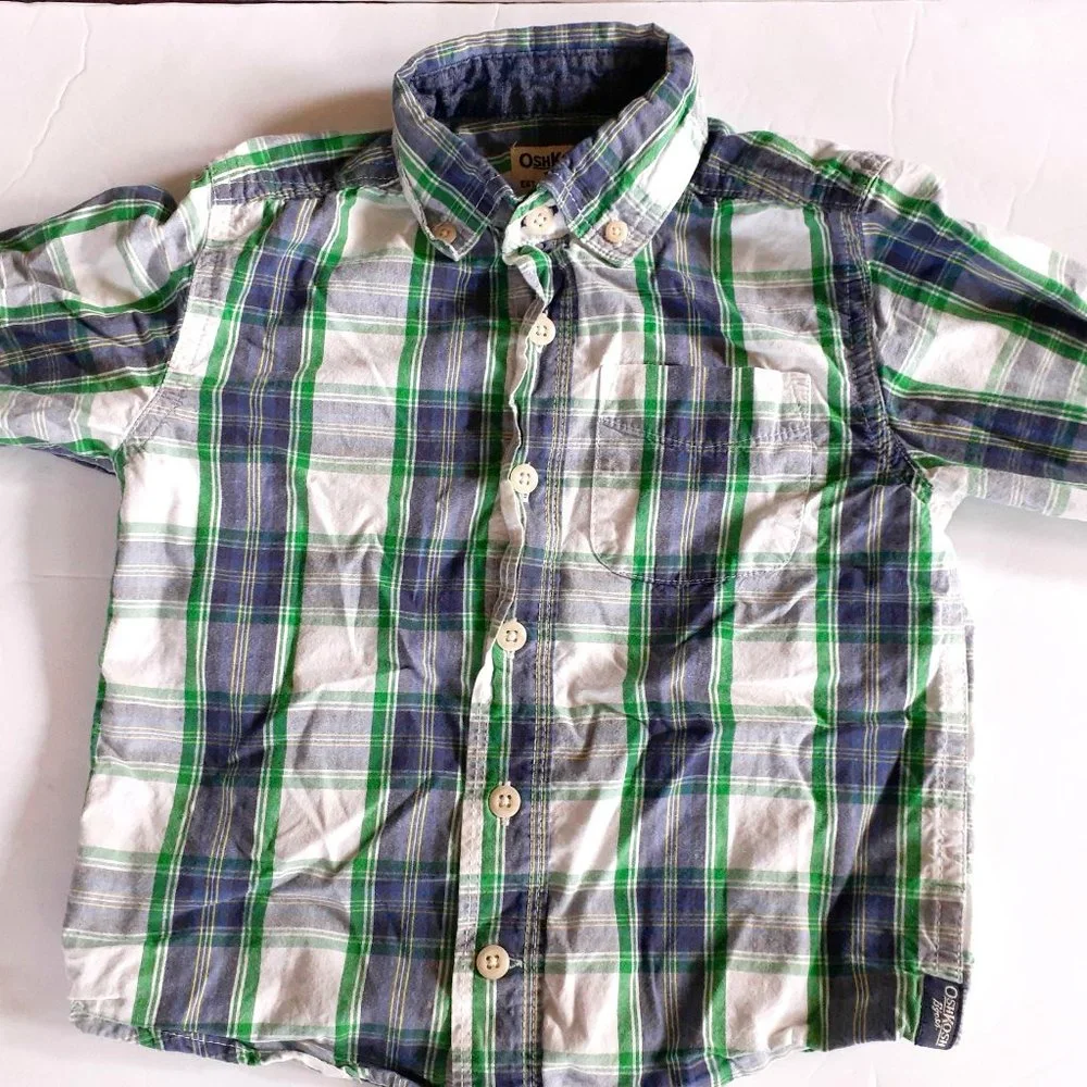 Oshkosh Boys Shirt Button Down Blue Green Plaid Long Sleeve Size 3T